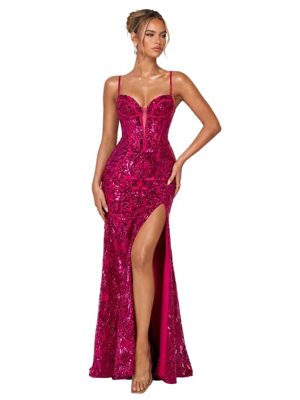 Ladivine CM334 Magenta Sequin Corset Bustier Gown – Size 6 / Medium